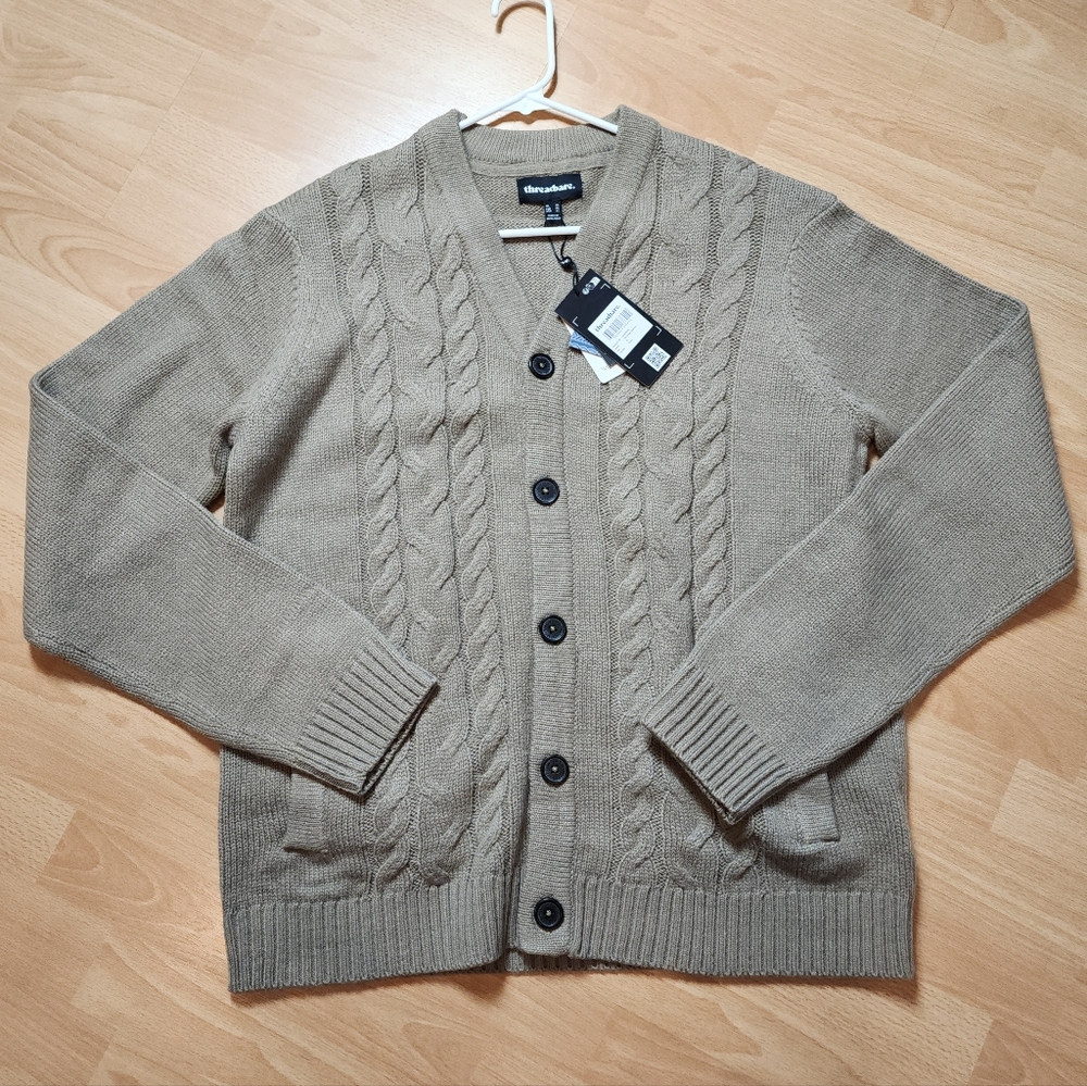 NWT Threadbare Wool Blend Cable Knit Button Cardigan Sweater Tan Taupe Size XL